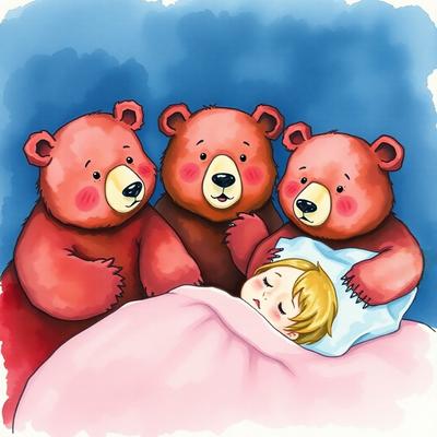 A watercolor painting of three bears with surprised expressions observing a sleeping girl in a bed