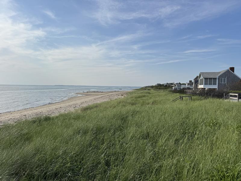 Expansive beach stretches along calm ocean waters with weathered gray-shingled coastal homes perched on lush green dunes under partly cloudy skies.