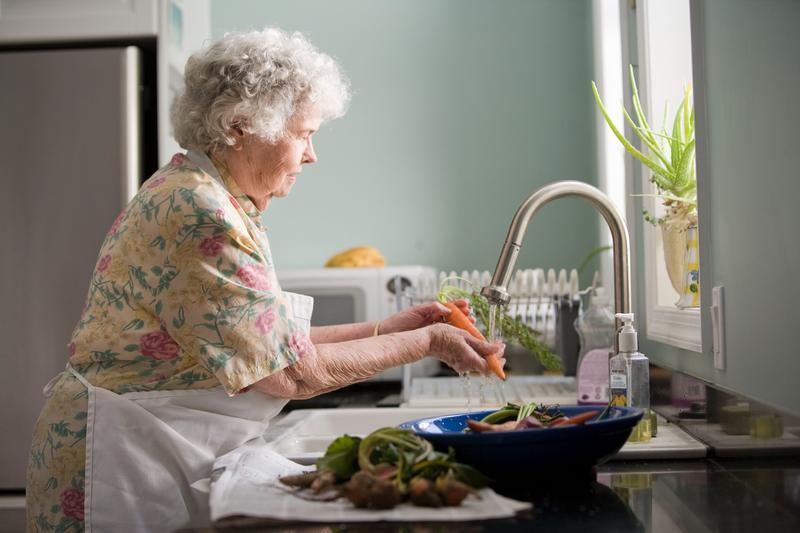 An elderly woman washing vegetables at a kitchen sink. She has gray hair and is wearing a floral print blouse with a white apron over it. The kitchen is well-lit with natural light coming from a window above the sink, where an aloe plant can be seen on the windowsill. The woman is focused on cleaning a carrot under the running tap water. On the counter next to her is a blue bowl filled with a variety of other vegetables, fresh from a garden, and there are also some loose vegetables and leaves spread on a newspaper